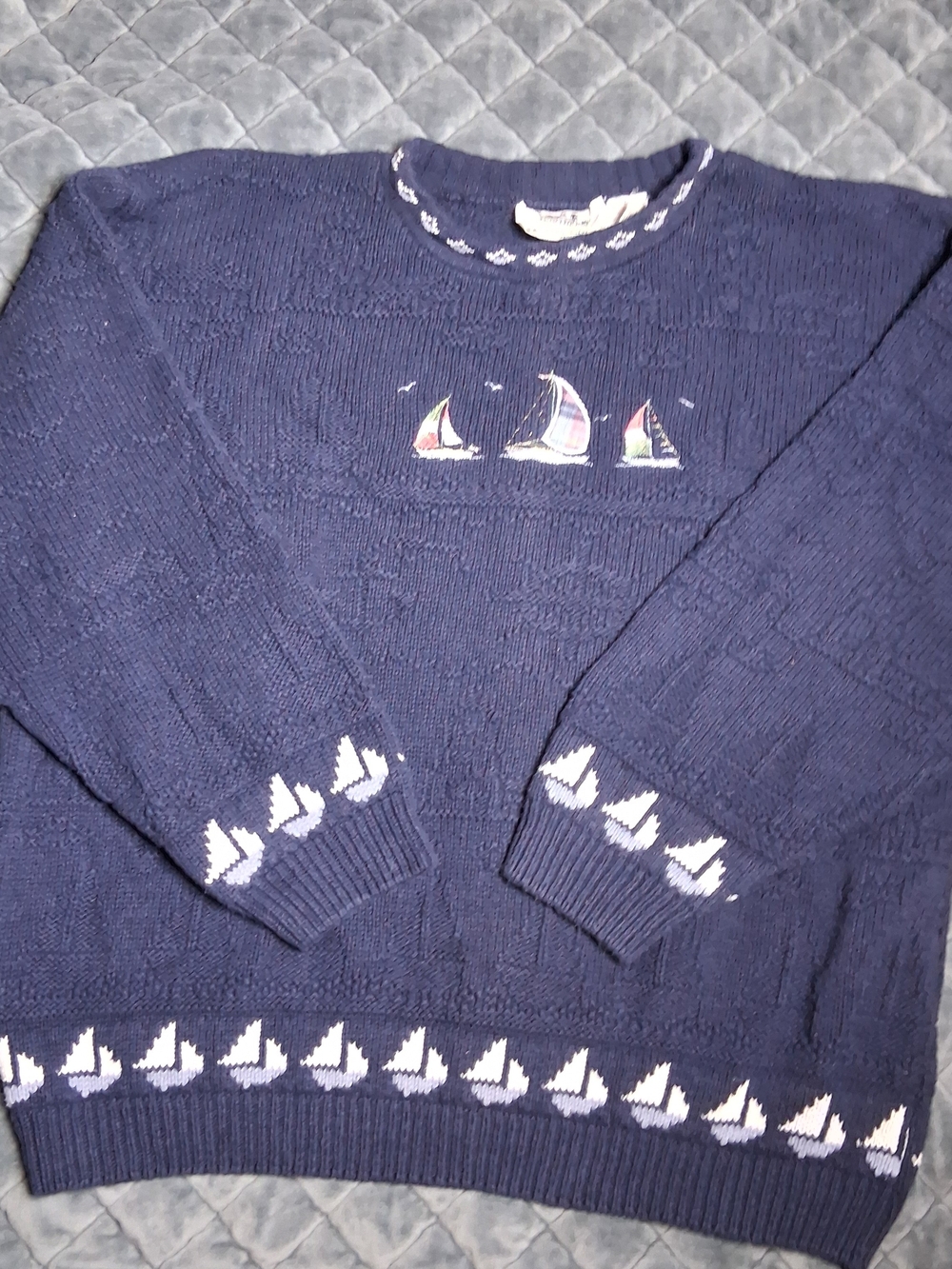Vintage Sailboat Knit Sweater Nautical Coastal Grandpa Cottagecore Oversized L
